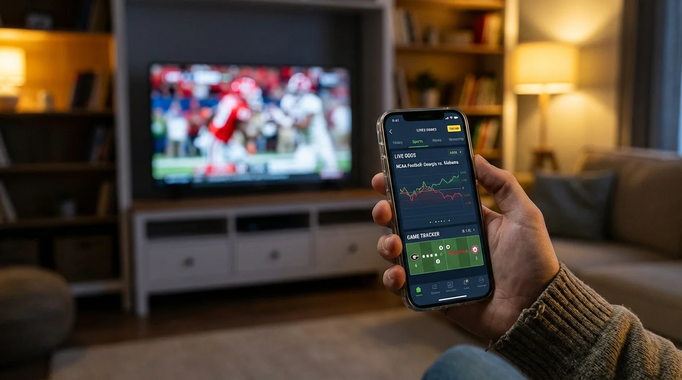 Interfaz de apuestas en vivo durante un partido de college football con cuotas cambiando en tiempo real