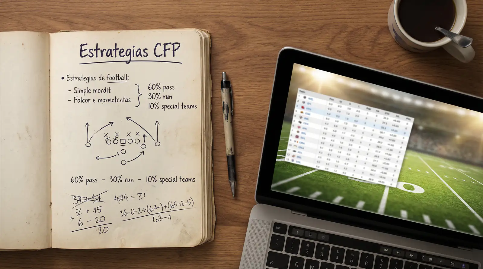 Apostador analizando estadísticas y estrategias de apuestas del College Football Playoff en un escritorio