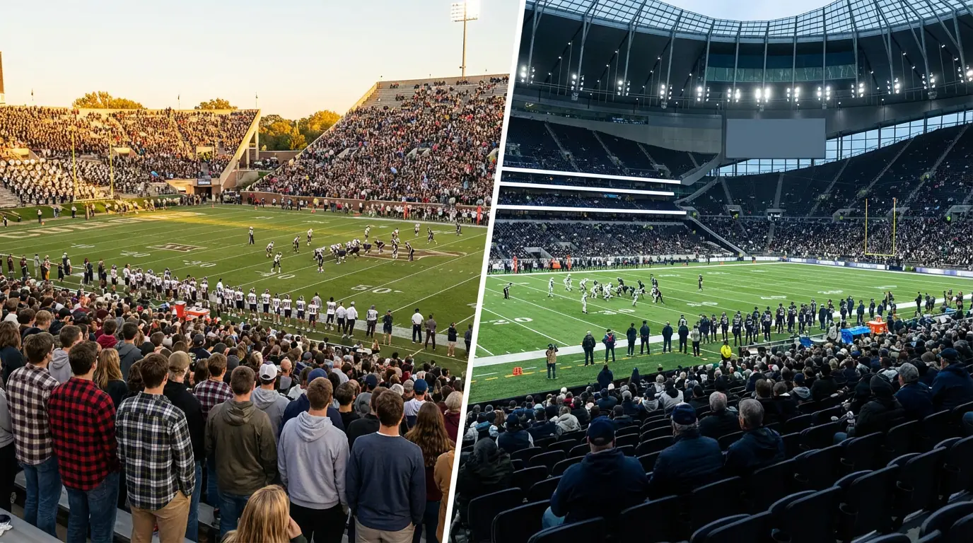 Comparación visual entre un estadio universitario NCAA y un estadio profesional NFL para apuestas deportivas